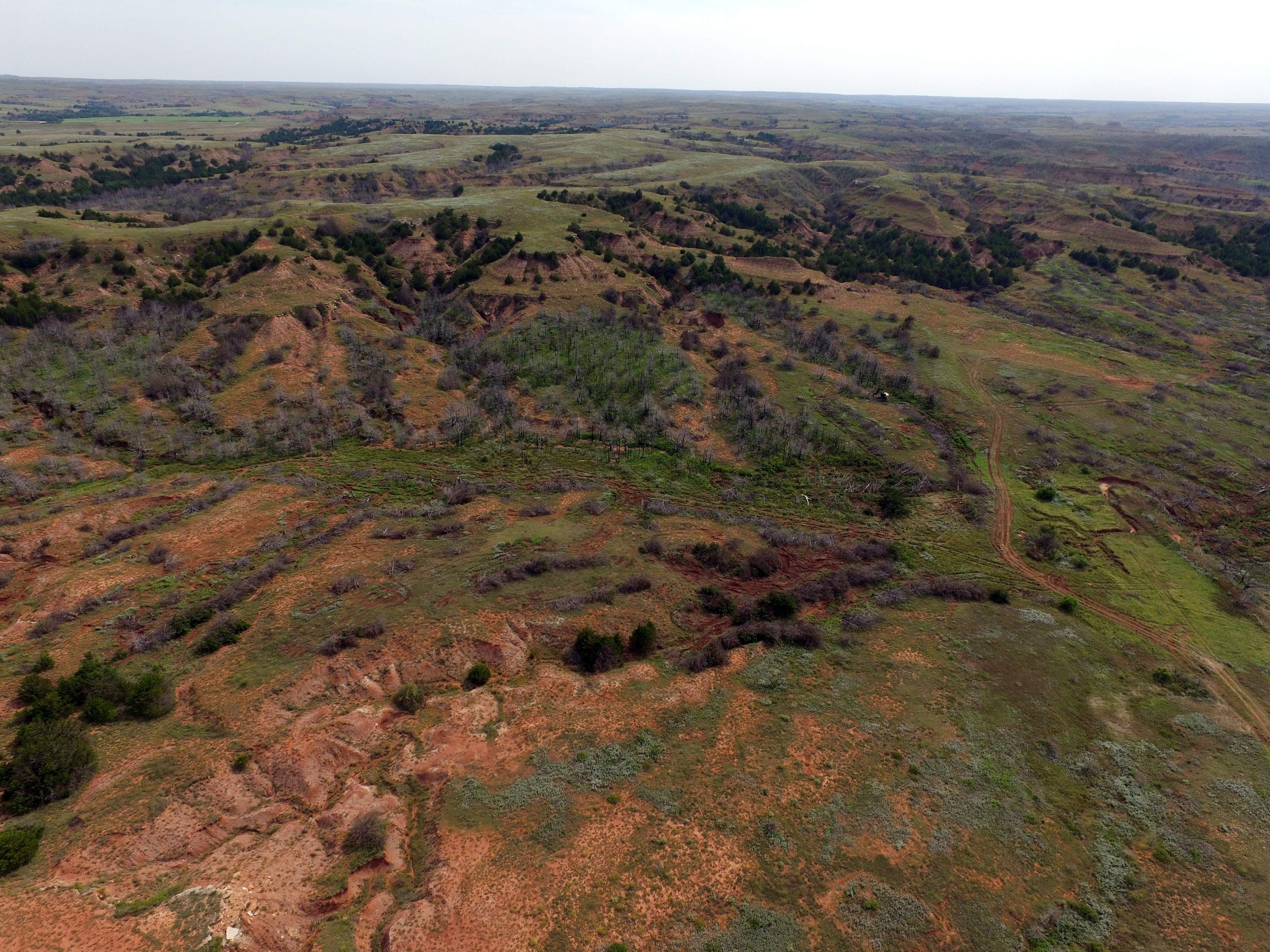 Aerial drone photograph of Kansas rangeland